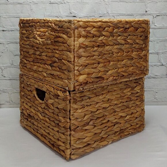 HAND WOVEN WATER~HYACINTH FOLDING STORAGE CUBE BASKETS 2-PIECE SET - Picture 6 of 16